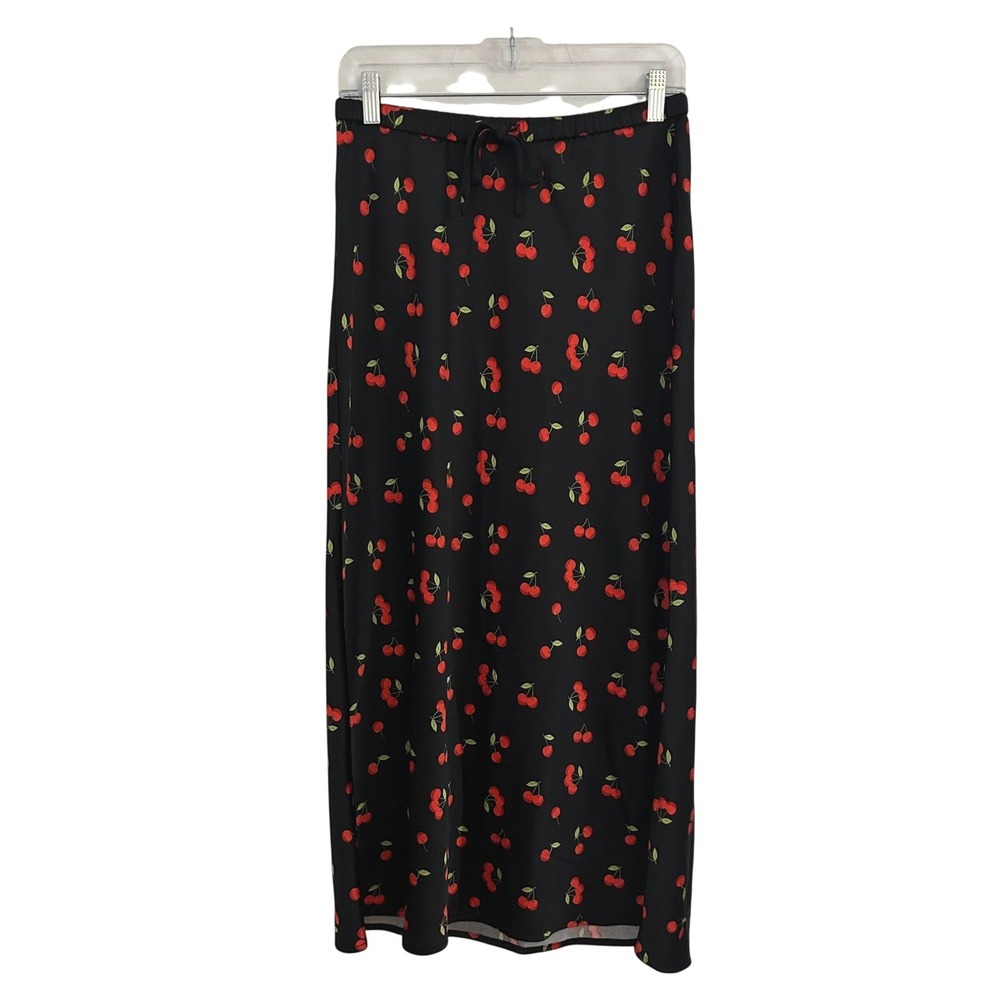 Rachel Zoe Womens Black Red Cherry Print Satin Drawstring Maxi Skirt 2 New